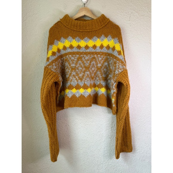 Free People Alpine Mustard Yellow Fair Isle Wool Alpaca Blend Cropped Pullover M - Picture 2 of 5